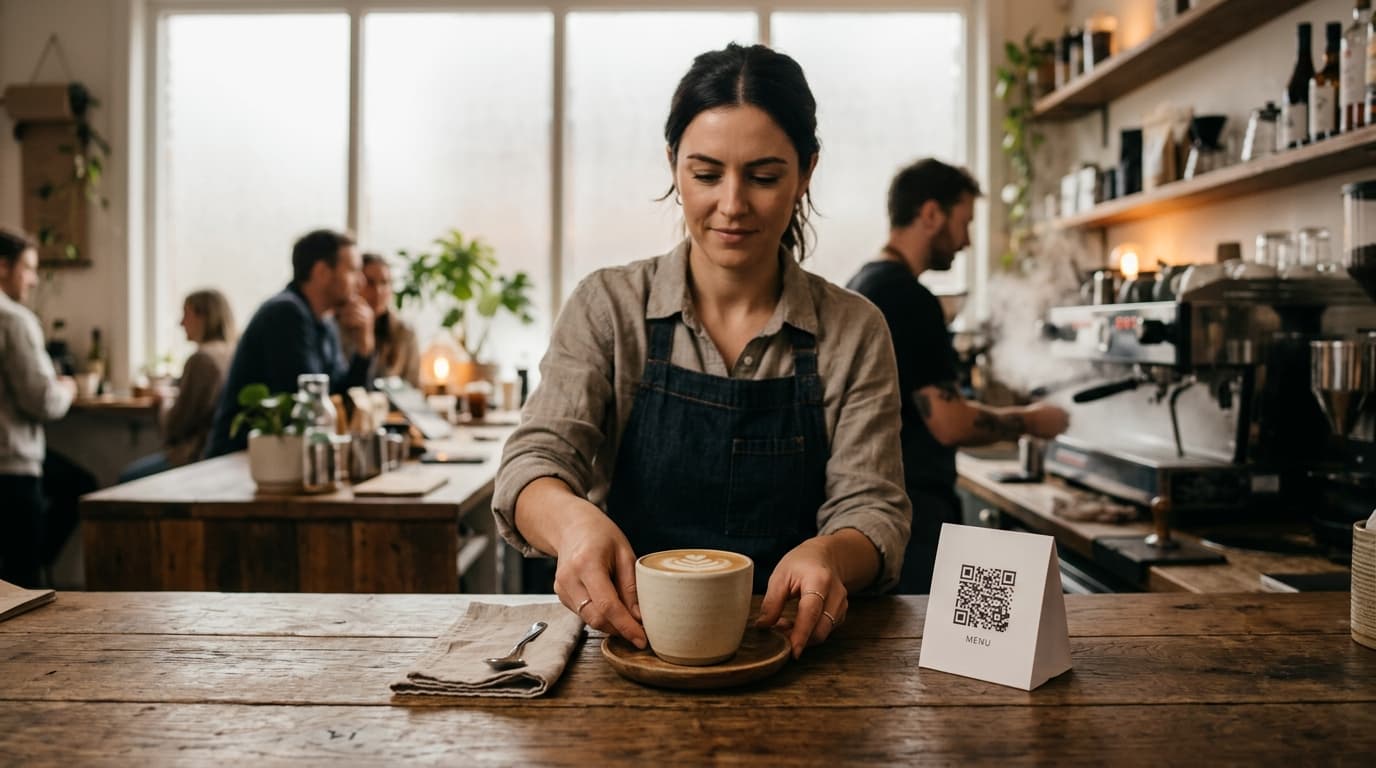 Barista souriant derrière le comptoir d'un café avec une carte QR code