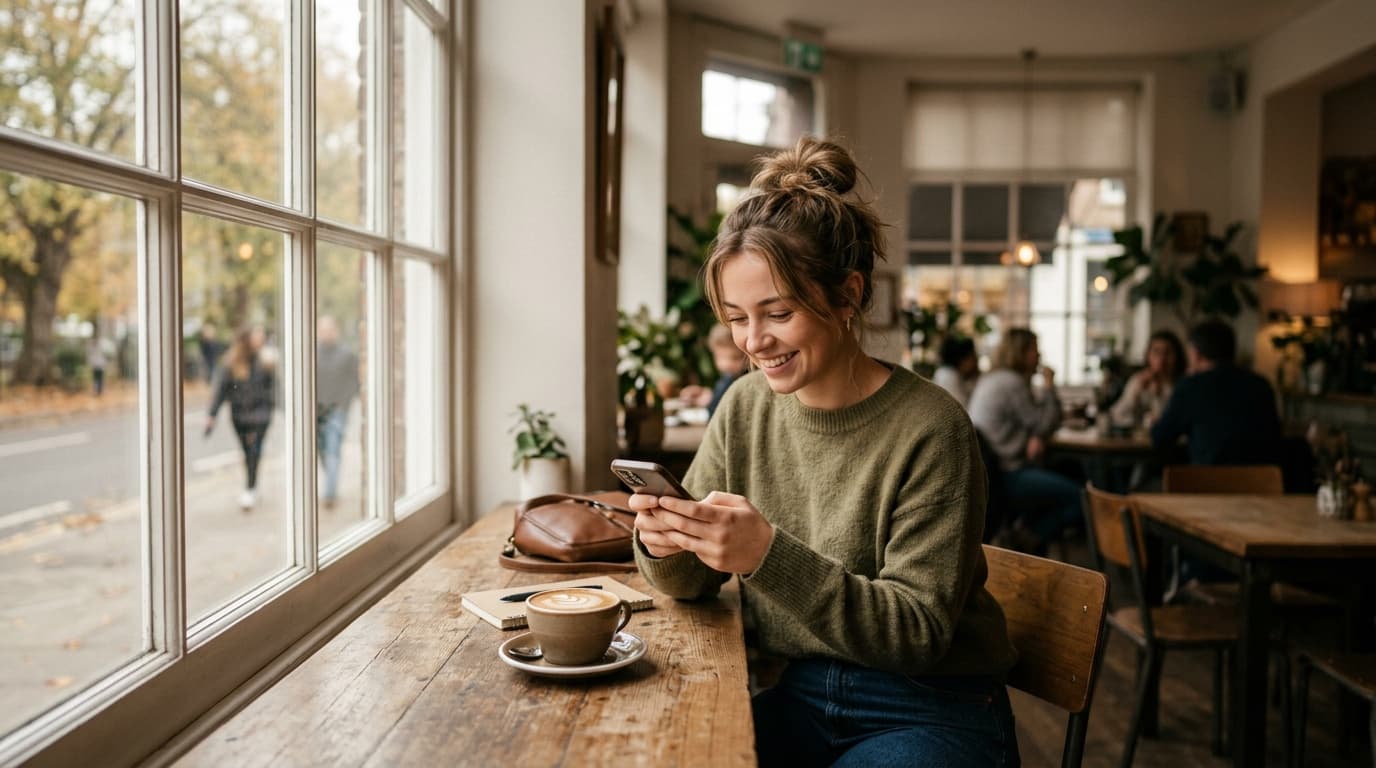 Woman typing a Google review on her phone at a cafe table
