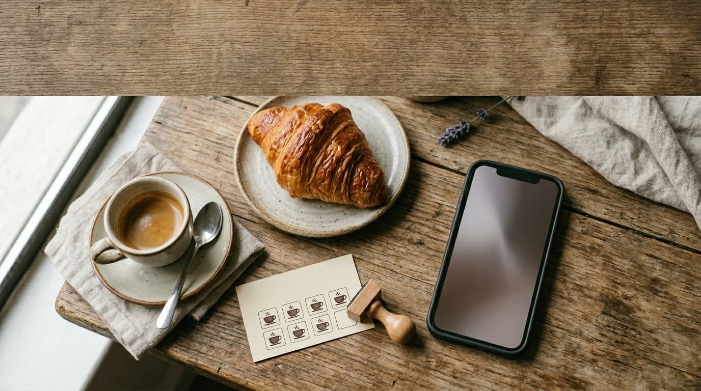 Carte de fidélité et smartphone affichant des avis Google sur une table de café