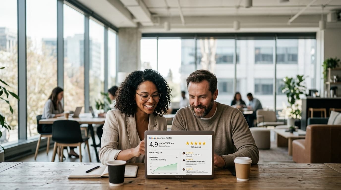 Deux propriétaires de commerce devant un ordinateur portable consultant leur tableau de bord d'avis clients