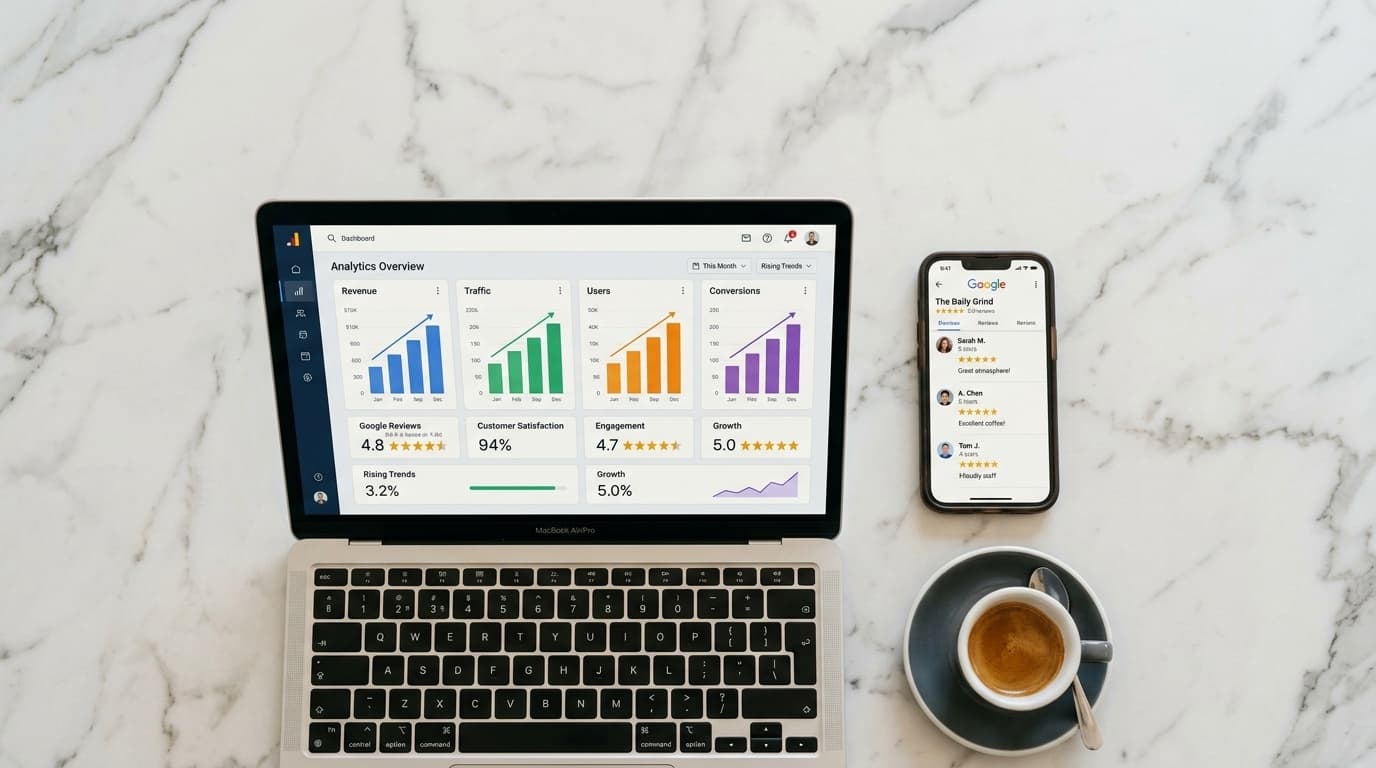 Un ordinateur portable ouvert sur un tableau de bord de suivi des avis Google, montrant une courbe de croissance de la note et du nombre d'avis