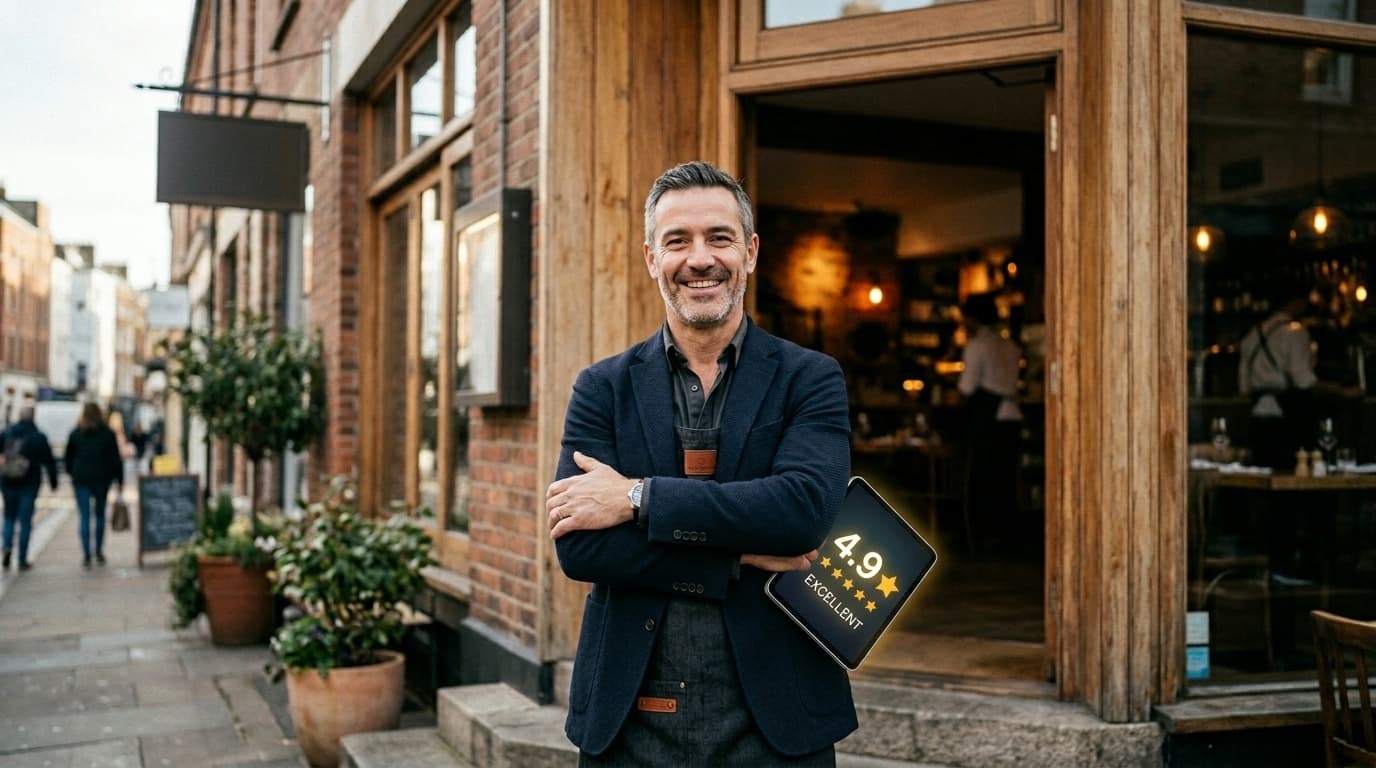 Restaurateur avec une tablette montrant une note 5 étoiles sur Google