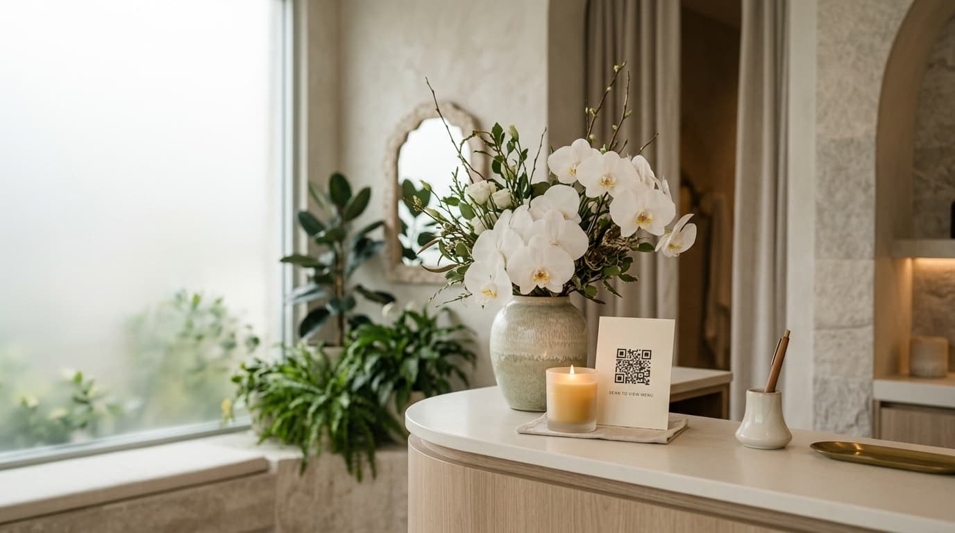 Réception d'un cabinet bien-être avec une carte QR code et des orchidées sur le comptoir