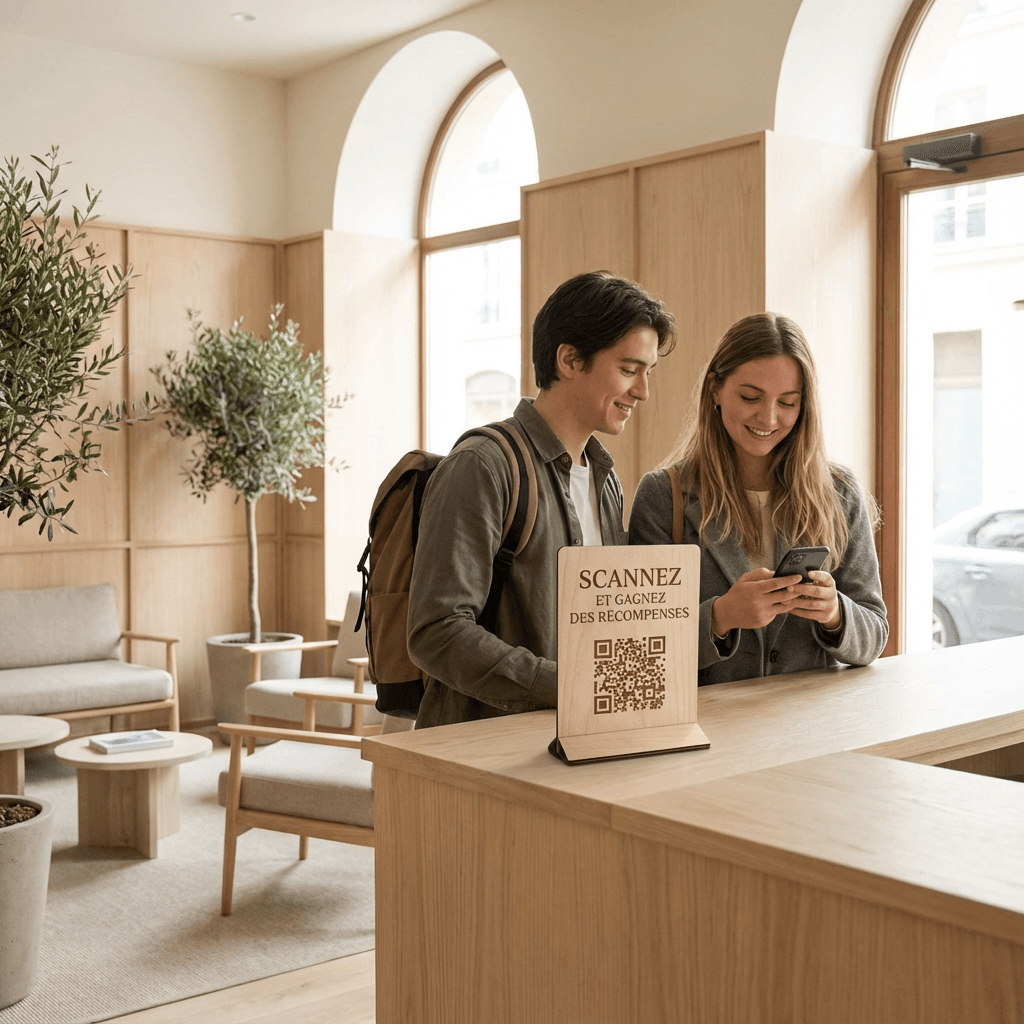 Client scannant un QR code Ludofy à la réception d'un hôtel