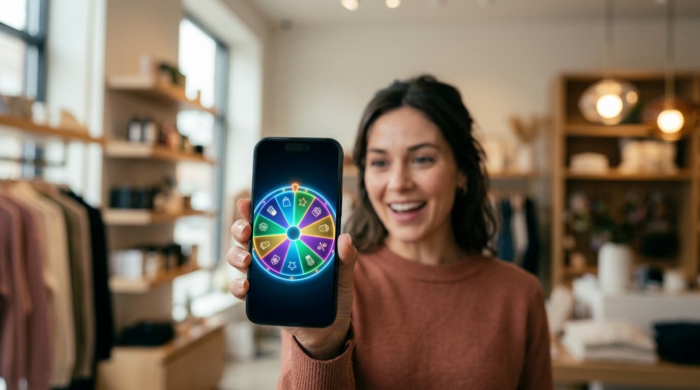 Roue de la fortune numérique affichée sur l'écran d'un smartphone dans un contexte de commerce physique
