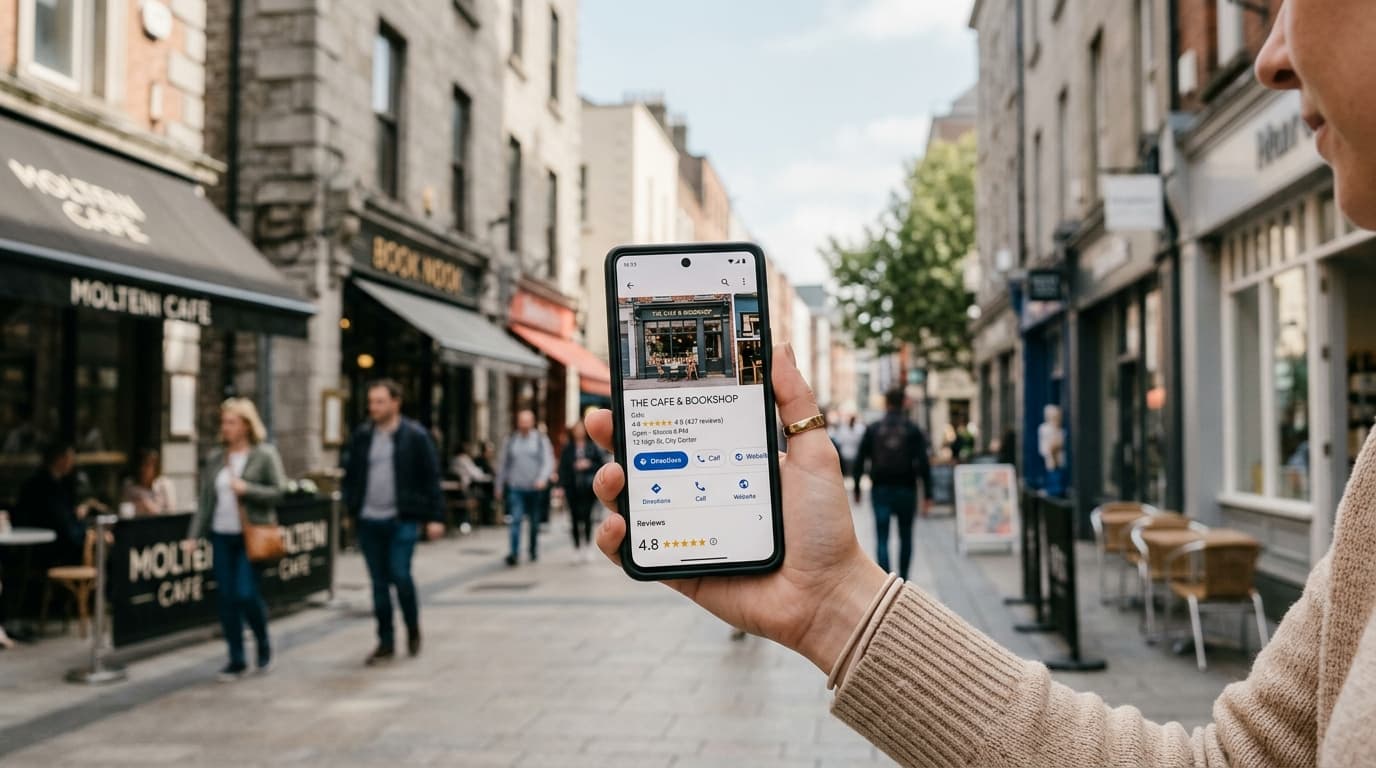 Un smartphone affichant la fiche Google Maps d'un restaurant avec des étoiles et des avis clients