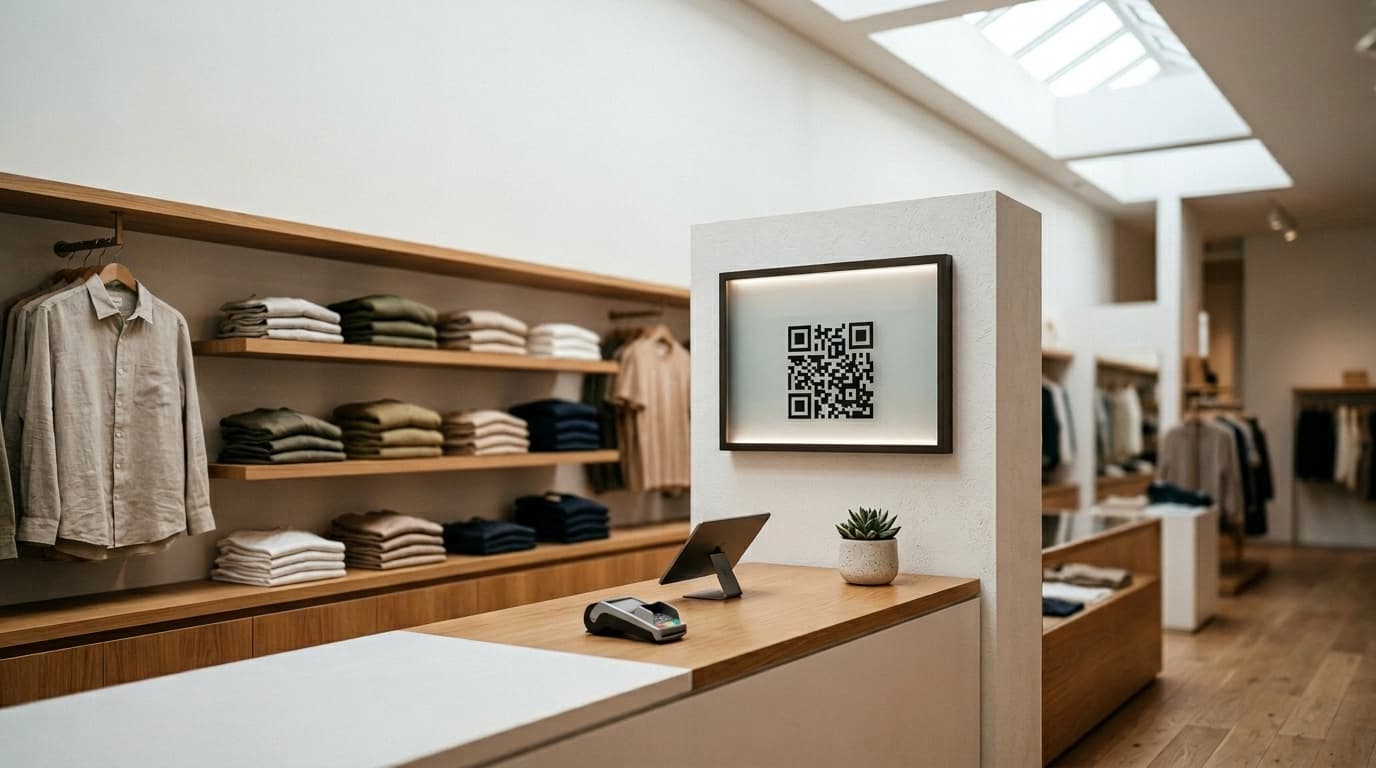 Intérieur minimaliste d'une boutique avec un panneau QR code visible pour inviter les clients à laisser un avis Google